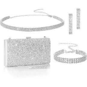 Coucoland Evening Rhinestone Clutch Jewelry - Wedding Bridal Bridesmaid Handbags Purses Silver Accessories for Women Statement Necklace Earrings Bracelets Set Formal Women's Sets