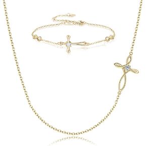 EVER FAITH 925 Sterling Silver CZ Golden Religious Church Sideways Celtic Knot Cross Choker Necklace Infinity Charm Bracelet Jewelry Set for Women, Girls