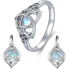 Moon Celtic Rings And Celtic Earrings 925 Sterling Silver Moonstone Celtic Knot Ring Earrings Set Irish Jewelry Gifts for Women Girls