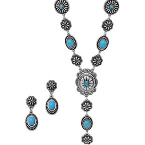 Rosemarie & Jubalee Women's Stunning Vintage Western Style Conchos And Semi Precious Howlite Stone Y-Drop Necklace Earring Gift Set, 22"+3" Extender