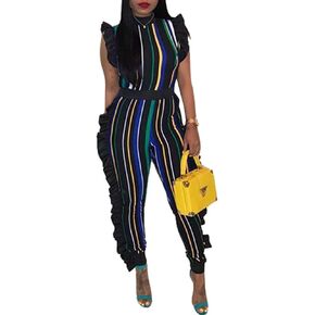 xxxiticat Women's Africa Style Striped Jumpsuit Plus Size Romper Colorful Sleeveless Long Pants Ruffle Overalls Sexy Clubwear