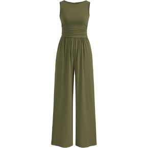 PRETTYGARDEN One Piece Jumpsuits for Women Dressy Casual Sleeveless Crewneck Wide Leg Rompers Jumpers Vacation Summer Outfits