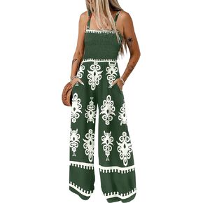 Bsubseach Womens Boho Casual Jumpsuits Retro Print One Piece Overalls Sleeveless Wide Leg Long Pant Rompers with Pockets