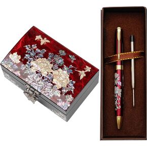 February Mountain Red Mother of Pearl Jewelry Box & Ballpoint Pen Set – Handcrafted Korean Gift for Birthday, Wedding, Christmas, Mother's Day