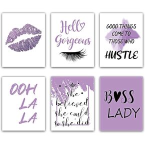 Clabby 6 Pieces Leader Lady Inspirational Wall Art, Motivational Saying Wall Poster, Typography Lady Art Print Wall Decor, Unframed Motivational Print for Women Bathroom Lash Room (Purple)