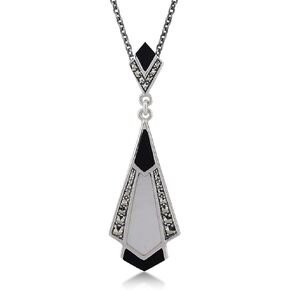 Gemondo USA 925 Sterling Silver Mother of Pearl, Black Onyx & Marcasite Origami Art Deco Pendant with 45cm Cable Chain Necklace