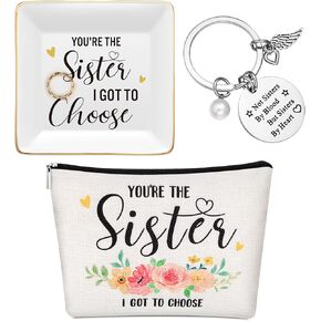 3 Pcs Friendship Gifts Best Friend Soul Sister Gift for Women Friends You Are The Sister I Got to Choose Friend Keychain Sister Ceramic Trinket Dish and Makeup Bag