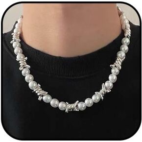 Pearl Thorn Necklace for Men Women Silver Barbed Wire Imitation Pearl Necklace Punk Hip Hop Thorn Link Necklace Adjustable Elastic Gothic Chain Necklace Exquisite Chunky Statement Jewelry