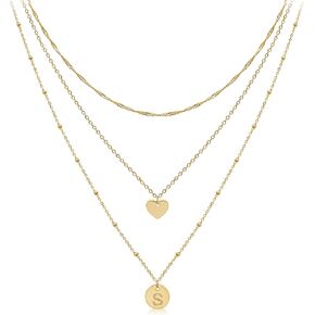 Aisansty Dainty Layered Initial Choker Necklaces Handmade 14K Gold Plated Tiny Heart Personalized Letter Disc Pendant Adjustable Chain Layering Gold Necklaces for Women Gift Jewelry