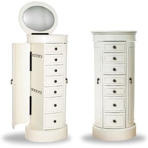 Hives & Honey Bailee Standing Jewelry Armoire - 7 Drawers, Mirror Top, Side Doors - Necklace, Earring, Bracelet Organizer, Ivory