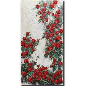 ART8YUQI Paintings - Red Flower Rose Canvas Wall Art Hand Painted Paintings Modern Abstract Pictures Rosebush Artwork for Living Room Bedroom Office Decoration 24x48 Inch