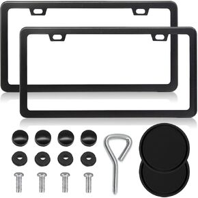 Carbon Fiber License Plate Frames Black, 2 Pack Car Plate Frame with Coasters Front and Rear Slim Thin Rust-Proof Universal Car Tag Holder