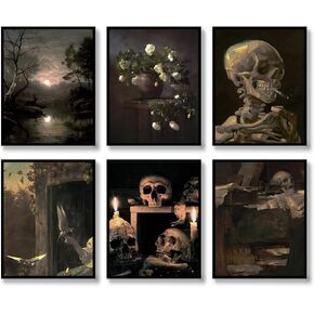 Gothic Wall Art Set of 6 Dark Academia Room Decor Goth Vintage Wall Art Prints Grunge Aesthetic Wall Decor Skull Moody Canvas Poster Art Painting for Halloween Livingroom Bedroom Decoration (A, 8"x10"