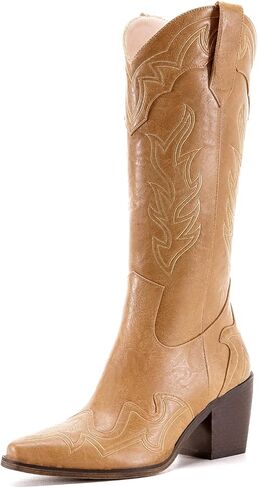 ADAMUMU أحذية رعاة البقر ذات الساق العريضة الكلاسيكية على الطراز الغربي أحذية رعاة البقر للنساء بمقدمة مدببة أحذية راعية البقر النسائية مع كعب مكتنز ونعل غير قابل للانزلاق لإضافة أناقة خالدة إلى خزانة ملابسك in Kuwait