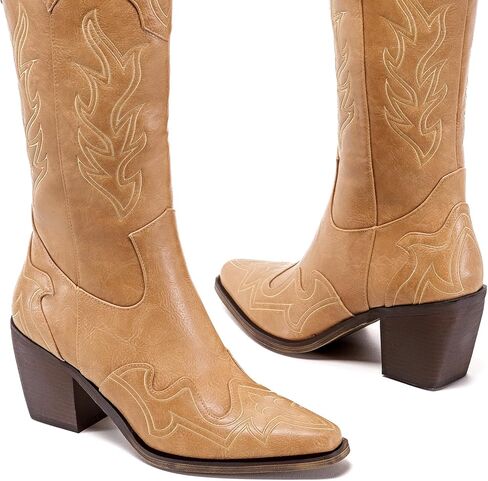 ADAMUMU أحذية رعاة البقر ذات الساق العريضة الكلاسيكية على الطراز الغربي أحذية رعاة البقر للنساء بمقدمة مدببة أحذية راعية البقر النسائية مع كعب مكتنز ونعل غير قابل للانزلاق لإضافة أناقة خالدة إلى خزانة ملابسك in Kuwait