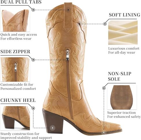 ADAMUMU أحذية رعاة البقر ذات الساق العريضة الكلاسيكية على الطراز الغربي أحذية رعاة البقر للنساء بمقدمة مدببة أحذية راعية البقر النسائية مع كعب مكتنز ونعل غير قابل للانزلاق لإضافة أناقة خالدة إلى خزانة ملابسك in Kuwait