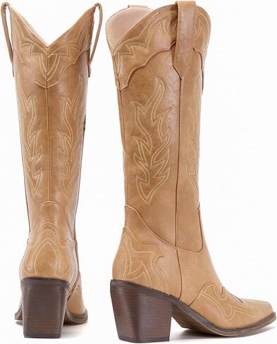 ADAMUMU أحذية رعاة البقر ذات الساق العريضة الكلاسيكية على الطراز الغربي أحذية رعاة البقر للنساء بمقدمة مدببة أحذية راعية البقر النسائية مع كعب مكتنز ونعل غير قابل للانزلاق لإضافة أناقة خالدة إلى خزانة ملابسك in Kuwait