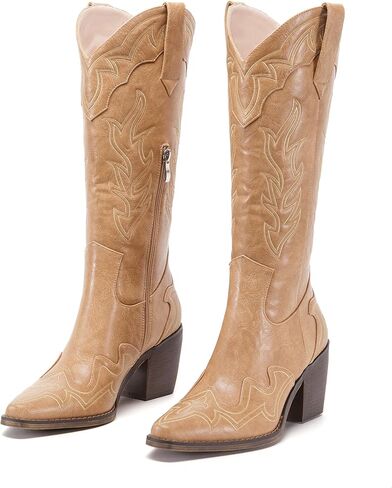 ADAMUMU أحذية رعاة البقر ذات الساق العريضة الكلاسيكية على الطراز الغربي أحذية رعاة البقر للنساء بمقدمة مدببة أحذية راعية البقر النسائية مع كعب مكتنز ونعل غير قابل للانزلاق لإضافة أناقة خالدة إلى خزانة ملابسك in Kuwait