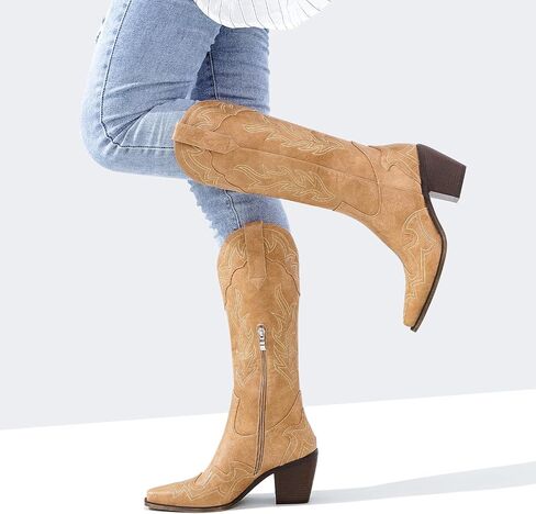 ADAMUMU أحذية رعاة البقر ذات الساق العريضة الكلاسيكية على الطراز الغربي أحذية رعاة البقر للنساء بمقدمة مدببة أحذية راعية البقر النسائية مع كعب مكتنز ونعل غير قابل للانزلاق لإضافة أناقة خالدة إلى خزانة ملابسك in Kuwait