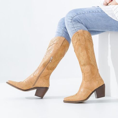 ADAMUMU أحذية رعاة البقر ذات الساق العريضة الكلاسيكية على الطراز الغربي أحذية رعاة البقر للنساء بمقدمة مدببة أحذية راعية البقر النسائية مع كعب مكتنز ونعل غير قابل للانزلاق لإضافة أناقة خالدة إلى خزانة ملابسك in Kuwait