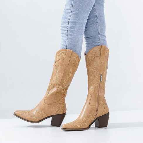 ADAMUMU أحذية رعاة البقر ذات الساق العريضة الكلاسيكية على الطراز الغربي أحذية رعاة البقر للنساء بمقدمة مدببة أحذية راعية البقر النسائية مع كعب مكتنز ونعل غير قابل للانزلاق لإضافة أناقة خالدة إلى خزانة ملابسك in Kuwait