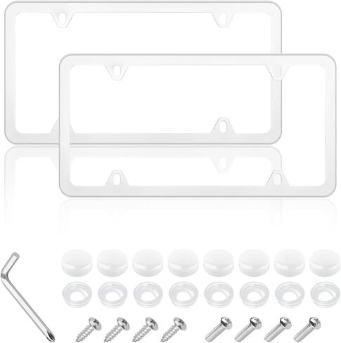 2PCS Colorful Car License Plate Frames with Gaskets Screws and Caps,Stainless Steel 4 Holes License Plate Holder Fits U.S. Standard,Universal Car Tag Frame Car Accessories (Silver) in Saudi Arabia