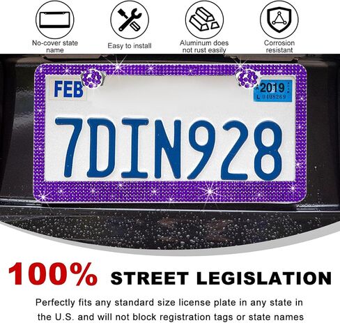 Bling License Plate Frame, Sparkly Rhinestone Diamond License Plate Cover with Crystal Screws Caps, Glitter Crystal Stainless Steel License Plate Holder for Women, Car Accessories (Purple) in Saudi Arabia