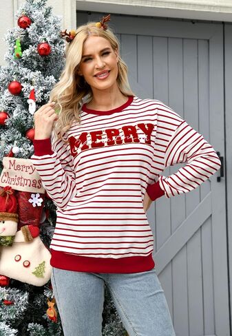 Christmas Sweatshirt for Women Merry Sweater Embroidered Striped Crewneck Sweatshirts Holiday Long Sleeve Pullover in Saudi Arabia