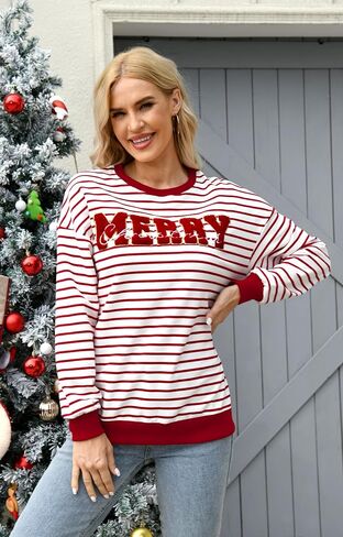 Christmas Sweatshirt for Women Merry Sweater Embroidered Striped Crewneck Sweatshirts Holiday Long Sleeve Pullover in Saudi Arabia