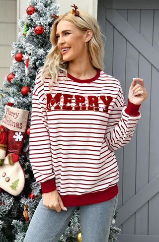 Christmas Sweatshirt for Women Merry Sweater Embroidered Striped Crewneck Sweatshirts Holiday Long Sleeve Pullover in Saudi Arabia