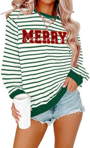 Christmas Sweatshirt for Women Merry Sweater Embroidered Striped Crewneck Sweatshirts Holiday Long Sleeve Pullover in Saudi Arabia