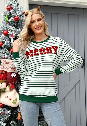 Christmas Sweatshirt for Women Merry Sweater Embroidered Striped Crewneck Sweatshirts Holiday Long Sleeve Pullover in Saudi Arabia