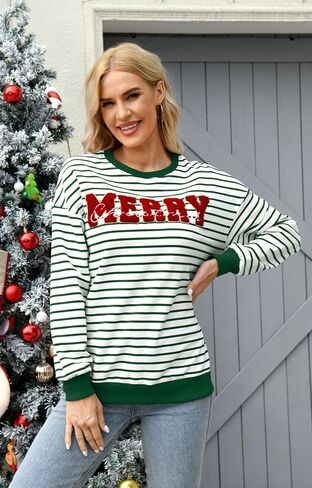 Christmas Sweatshirt for Women Merry Sweater Embroidered Striped Crewneck Sweatshirts Holiday Long Sleeve Pullover in Saudi Arabia