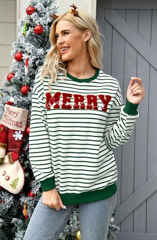 Christmas Sweatshirt for Women Merry Sweater Embroidered Striped Crewneck Sweatshirts Holiday Long Sleeve Pullover in Saudi Arabia