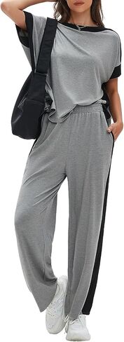 EXLURA Womens Summer 2 Piece Outfits Color Block Short Sleeve Tops Wide Leg Pants Tracksuit Homewear Lounge Sets 2025 in Saudi Arabia