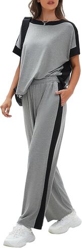 EXLURA Womens Summer 2 Piece Outfits Color Block Short Sleeve Tops Wide Leg Pants Tracksuit Homewear Lounge Sets 2025 in Saudi Arabia
