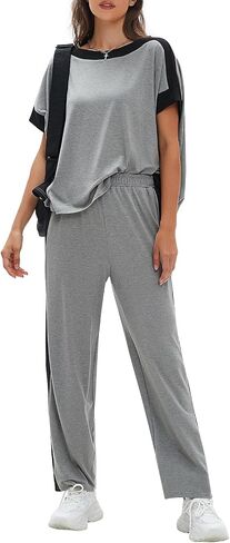 EXLURA Womens Summer 2 Piece Outfits Color Block Short Sleeve Tops Wide Leg Pants Tracksuit Homewear Lounge Sets 2025 in Saudi Arabia