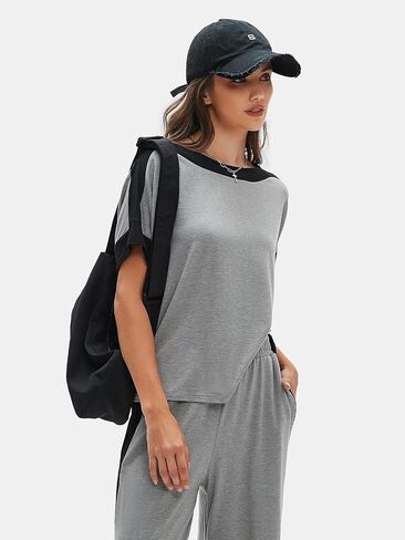 EXLURA Womens Summer 2 Piece Outfits Color Block Short Sleeve Tops Wide Leg Pants Tracksuit Homewear Lounge Sets 2025 in Saudi Arabia