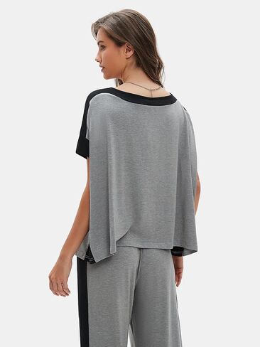 EXLURA Womens Summer 2 Piece Outfits Color Block Short Sleeve Tops Wide Leg Pants Tracksuit Homewear Lounge Sets 2025 in Saudi Arabia