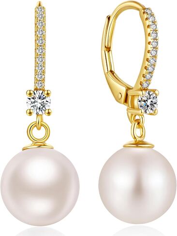 18K White Gold Plated Pearl Dangle Drop Earrings, 925 Sterling Silver Cubic Zirconia Diamond Pearl Leverback Earrings for Women 8MM-10MM, Fine Pearl Jewelry Gift for Women in Kuwait