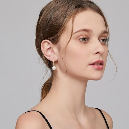 18K White Gold Plated Pearl Dangle Drop Earrings, 925 Sterling Silver Cubic Zirconia Diamond Pearl Leverback Earrings for Women 8MM-10MM, Fine Pearl Jewelry Gift for Women in Kuwait