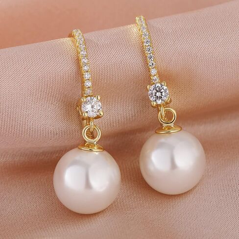 18K White Gold Plated Pearl Dangle Drop Earrings, 925 Sterling Silver Cubic Zirconia Diamond Pearl Leverback Earrings for Women 8MM-10MM, Fine Pearl Jewelry Gift for Women in Kuwait