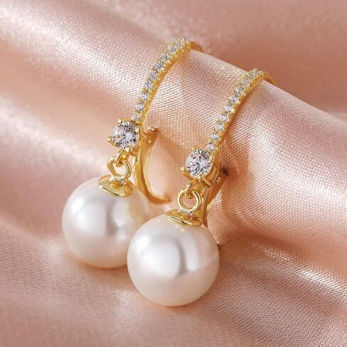 18K White Gold Plated Pearl Dangle Drop Earrings, 925 Sterling Silver Cubic Zirconia Diamond Pearl Leverback Earrings for Women 8MM-10MM, Fine Pearl Jewelry Gift for Women in Kuwait