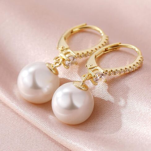 18K White Gold Plated Pearl Dangle Drop Earrings, 925 Sterling Silver Cubic Zirconia Diamond Pearl Leverback Earrings for Women 8MM-10MM, Fine Pearl Jewelry Gift for Women in Kuwait