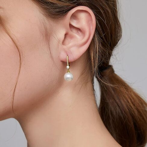18K White Gold Plated Pearl Dangle Drop Earrings, 925 Sterling Silver Cubic Zirconia Diamond Pearl Leverback Earrings for Women 8MM-10MM, Fine Pearl Jewelry Gift for Women in Kuwait