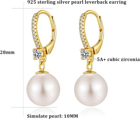 18K White Gold Plated Pearl Dangle Drop Earrings, 925 Sterling Silver Cubic Zirconia Diamond Pearl Leverback Earrings for Women 8MM-10MM, Fine Pearl Jewelry Gift for Women in Kuwait