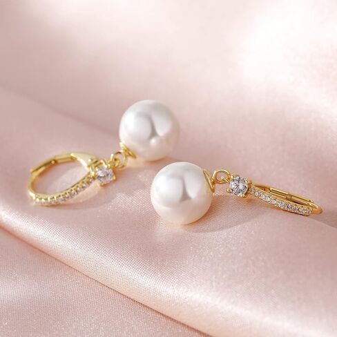 18K White Gold Plated Pearl Dangle Drop Earrings, 925 Sterling Silver Cubic Zirconia Diamond Pearl Leverback Earrings for Women 8MM-10MM, Fine Pearl Jewelry Gift for Women in Kuwait