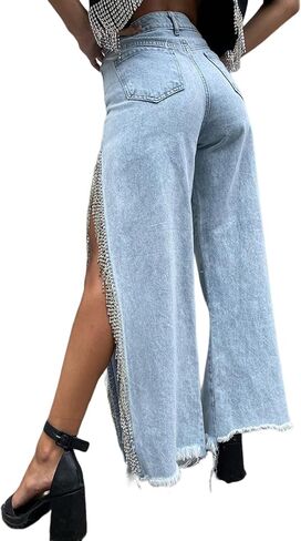 Women High Waisted Jeans Straight Wide Leg Pants with Rhinestone Fringe Trim Split On The Side in Kuwait