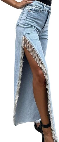 Women High Waisted Jeans Straight Wide Leg Pants with Rhinestone Fringe Trim Split On The Side in Kuwait