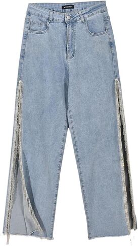 Women High Waisted Jeans Straight Wide Leg Pants with Rhinestone Fringe Trim Split On The Side in Kuwait